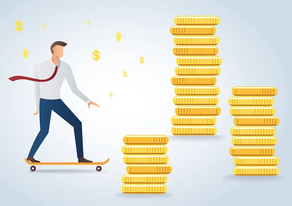 Zakenman op skateboard en gouden munten achtergrond vectorillustratie — Stockvector