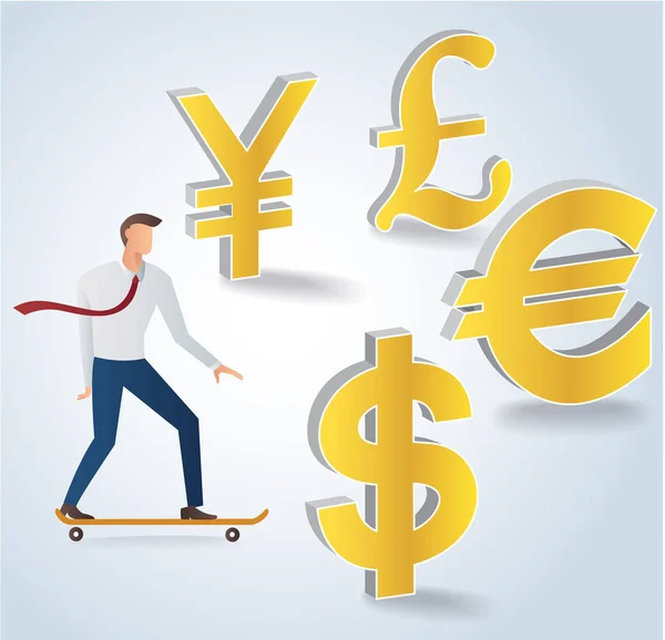 Zakenman op skateboard met dollar geld pictogram vectorillustratie — Stockvector