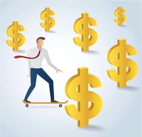 Geschäftsmann auf Skateboard mit Dollar-Geld-Symbol-Vektor-Illustration — Stockvektor