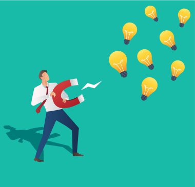 iş kavramı işadamı ampuller ile büyük mıknatıs vektör çizim çeken