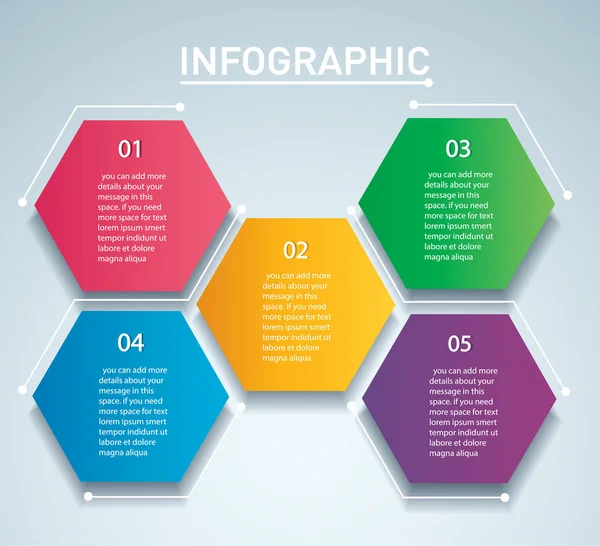 Kleurrijke hexagon infographic vector template met 5 opties. Kan gebruikt worden voor web, diagram, grafiek, presentatie, grafiek, rapport, stap voor stap infographics. Abstracte achtergrond. — Stockvector