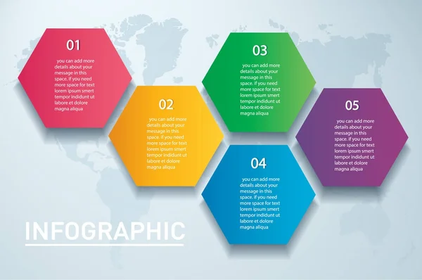 Bunte sechseckige Infografik-Vektorvorlage mit 5 Optionen. Kann für Web, Diagramm, Grafik, Präsentation, Diagramm, Bericht, Schritt-für-Schritt-Infografiken verwendet werden. Abstrakter Hintergrund. — Stockvektor