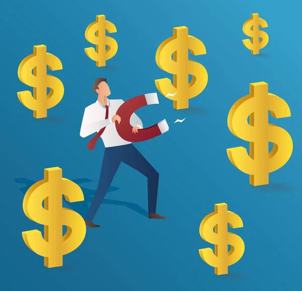 Business concept businessman atrayendo el icono del dólar de oro con una gran ilustración de vectores magnéticos — Vector de stock