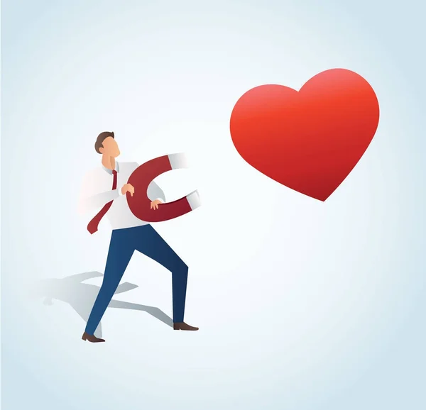 Homem infográfico atraindo o coração com uma grande ilustração do vetor ímã — Vetor de Stock
