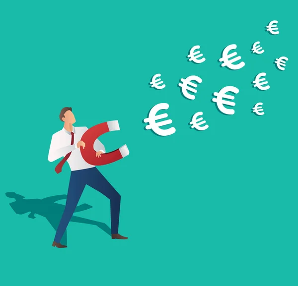 Bedrijfsconcept. zakenman aantrekken van Euro pictogram met magneet vectorillustratie — Stockvector