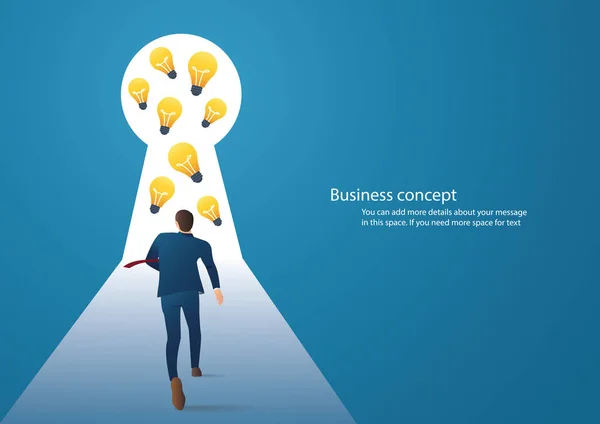 Business concept illustrazione di un uomo d'affari che cammina nel buco della serratura con luce intensa — Vettoriale Stock