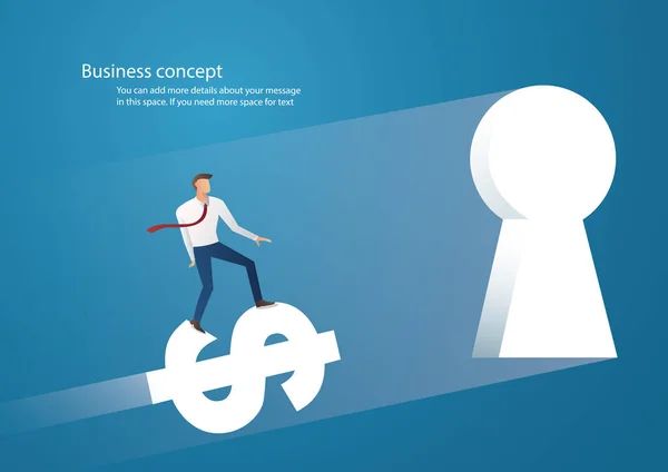 Business concept illustratie van een zakenman rijden dollar pictogram in sleutelgat — Stockvector