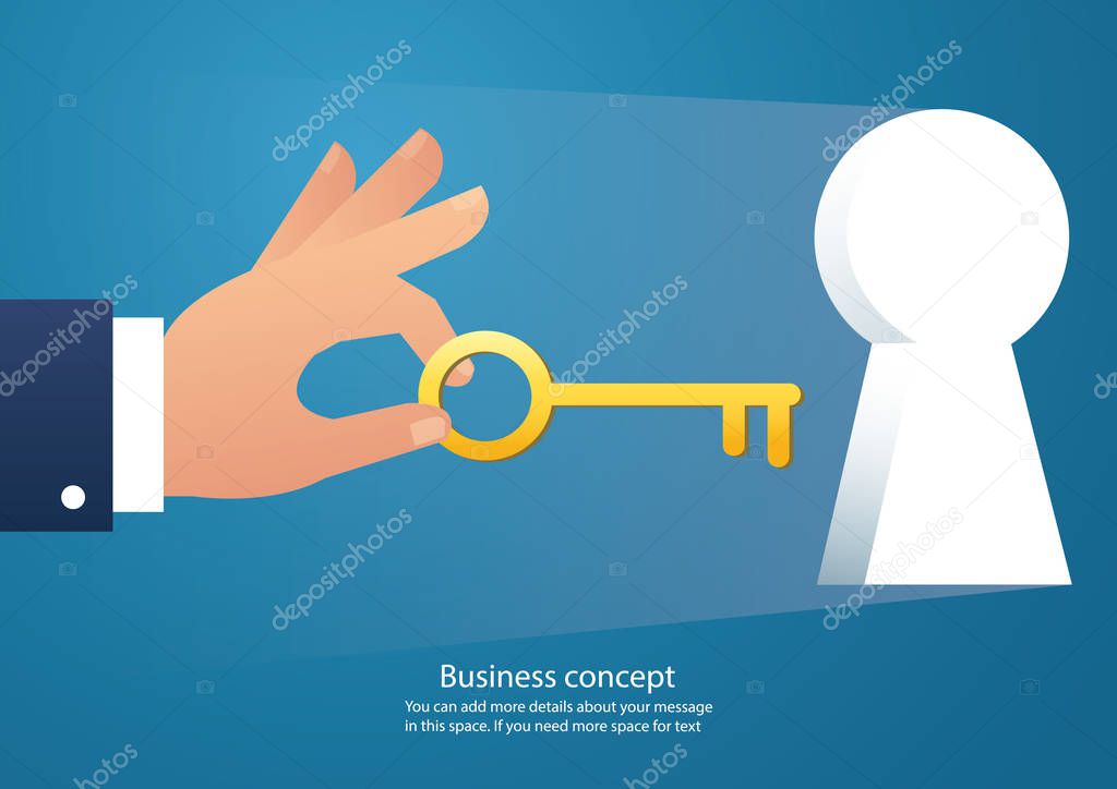 hand holding the big key into keyhole vector 