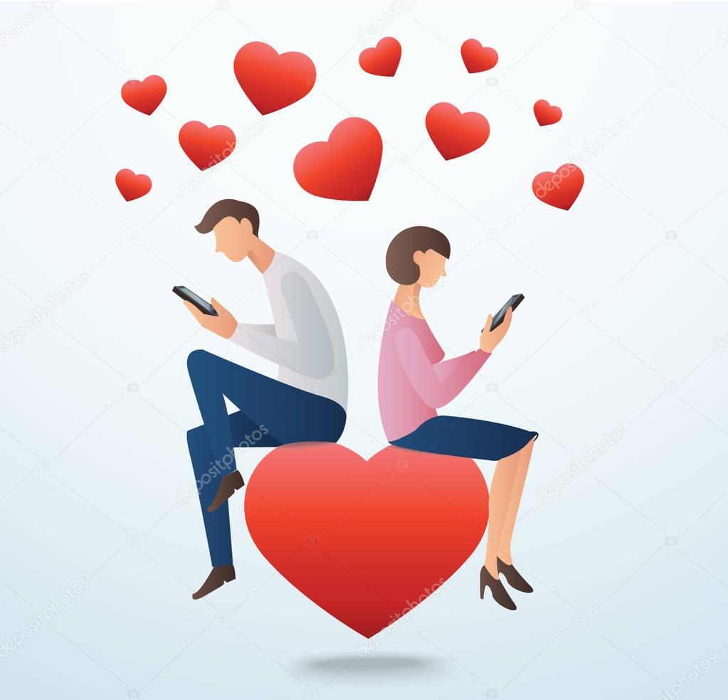man and woman using smartphone and sitting on the red heart with many hearts, concept of love online 