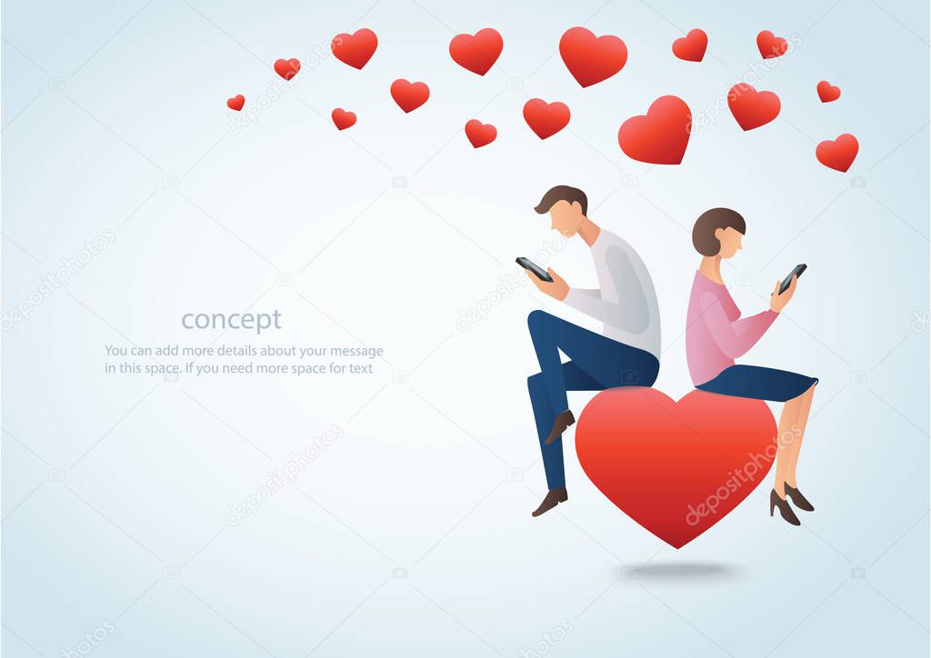 man and woman using smartphone and sitting on the red heart with many hearts, concept of love online 