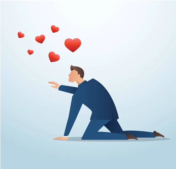 Homme essayant d'attraper l'icône du cœur rouge, l'homme essayer de trouver l'amour — Image vectorielle