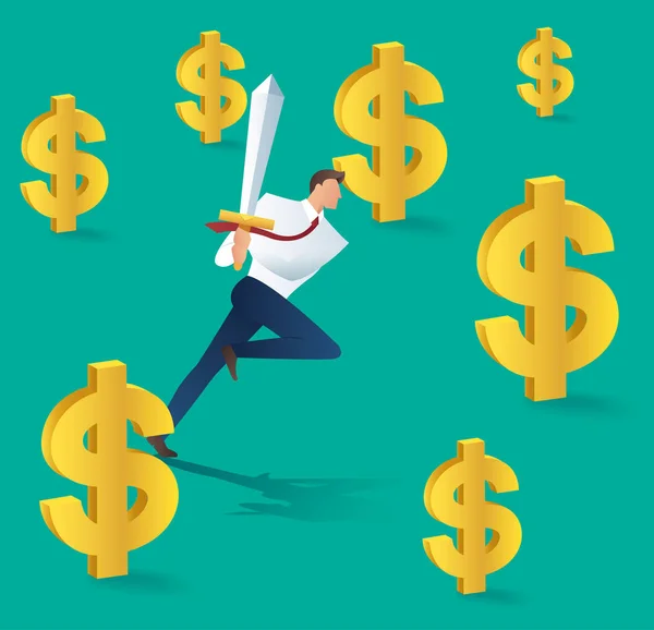 Hombre de negocios con la espada corriendo y el icono del dólar, concepto de negocio de éxito. Ilustración vectorial — Vector de stock