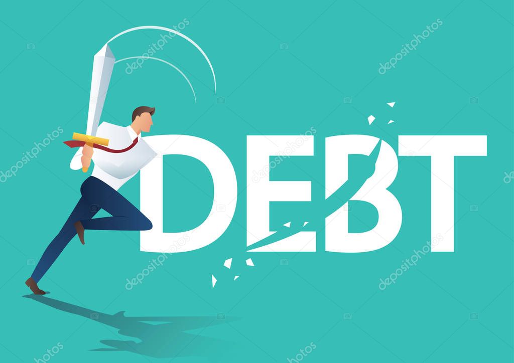 business man using sword cut debt, business concept of  debt settlement vector illustration