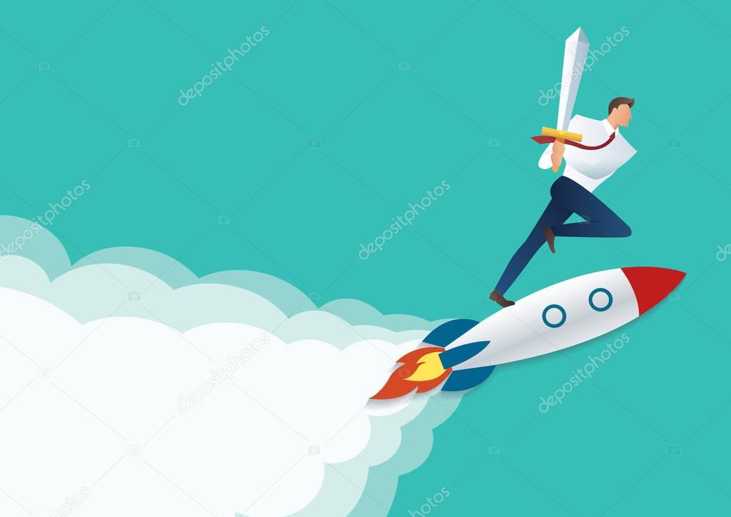 businessman holding sword on the jet rocket, business concept to successful vector illustration  
