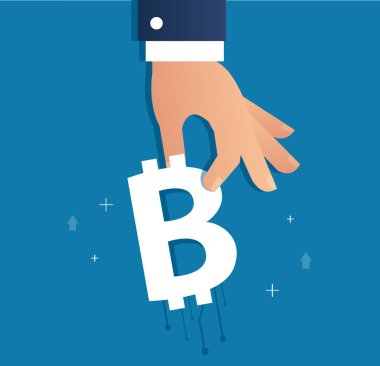 bitcoin simge vektör çizim, iş kavramı tutan el