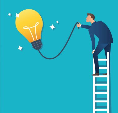 Bir adam sarı ampul işaret merdiven üzerinde iş kavramı vektör çizim 