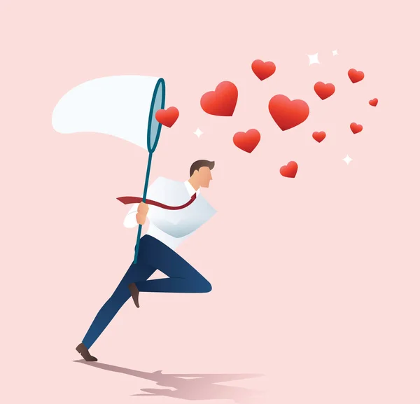 Hombre Sosteniendo Una Red Mariposas Tratando Atrapar Iconos Del Corazón — Vector de stock