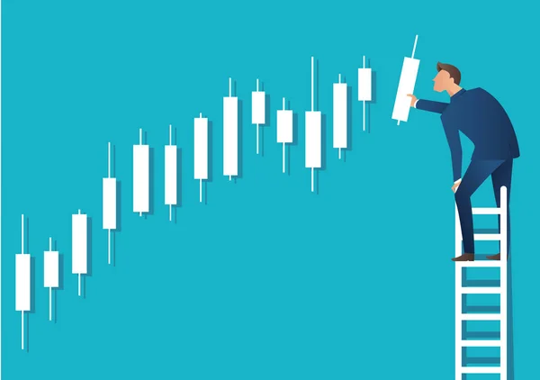 Mum Grafik Arka Planı Borsa Kavramı Ile Merdiveninde Bir Adam — Stok Vektör