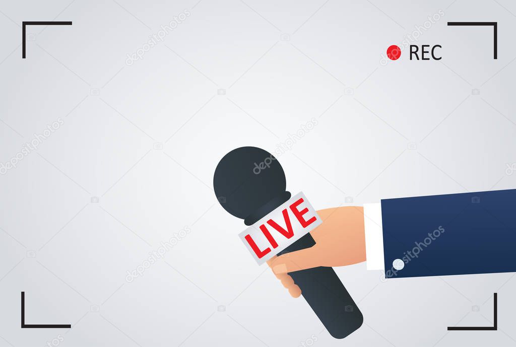 news illustration on focus tv and live with camera frame record. reporter with microphone, journalist symbol