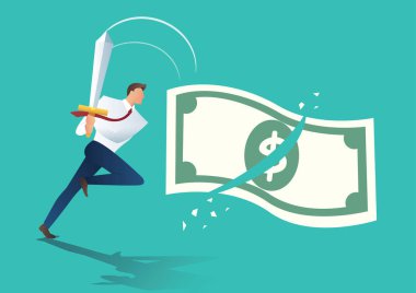kılıç ve kesilen para bill holding iş adamı. iş kavramı vektör çizim