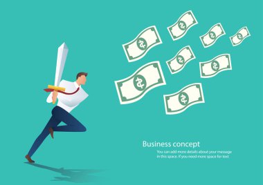 para faturaları vektör çizim için çalışan kılıç tutan işadamı.