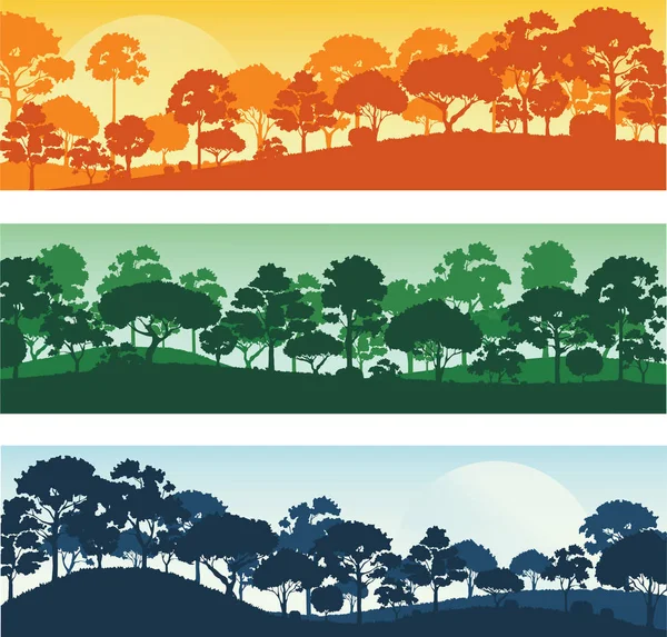 Bos Bomen Silhouetten Bos Landschap Sjabloon Banner Achtergrond Vector Illustratie — Stockvector