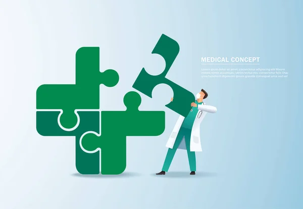 Teamwork Concept Arts Zet Puzzel Medische Icoon Samen Vector Illustratie — Stockvector