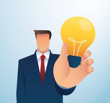 İş adamı hafif blub 'u tutuyor. yaratıcı konsept. Vektör illüstrasyonu EPS10 