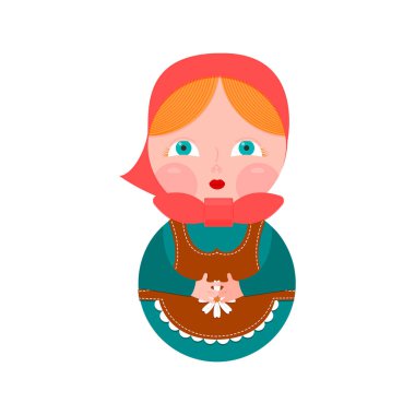Kafasında mendil, elbisesinde önlüğü olan çok renkli bir bebek. Sekiz siluet şeklinde. Beyazda izole edilmiş