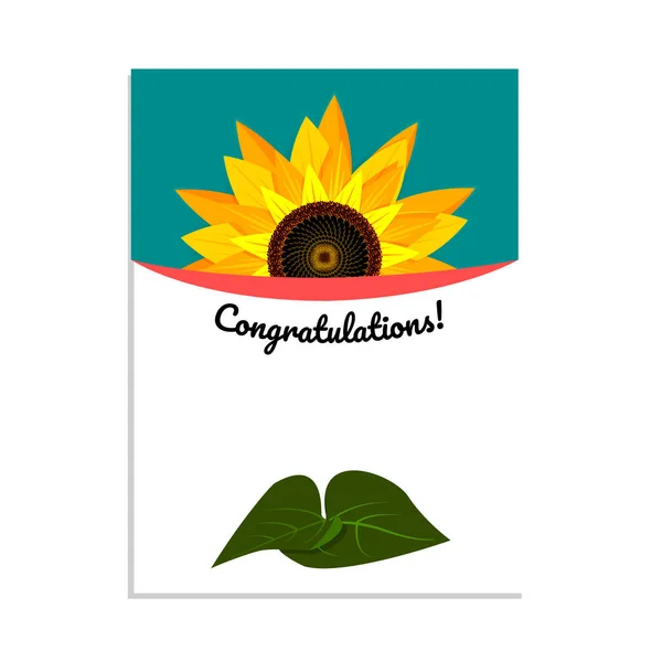 Üzerinde ayçiçeği ve yazı olan tebrik kartı. Beyazda izole edilmiş.