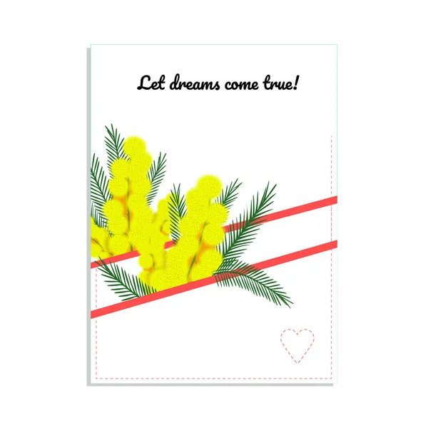 İçinde mimoz demetler ve yazılar olan tebrik kartı. Beyazda izole edilmiş.