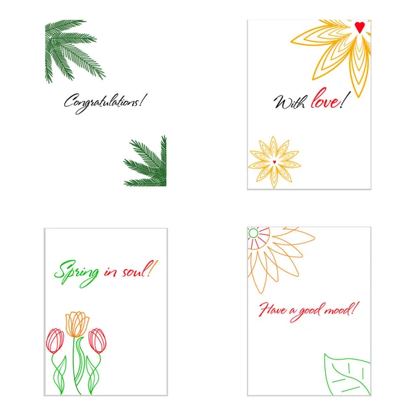 Tebrikler ve dileklerle dolu dört kart seti. Beyazda izole edilmiş.