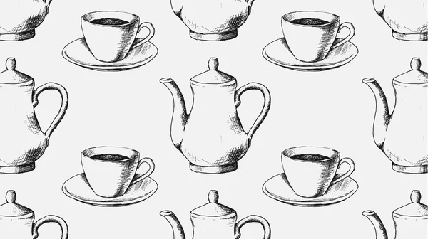 Coffee pot and cups vector illustration pattern — Stock Vector