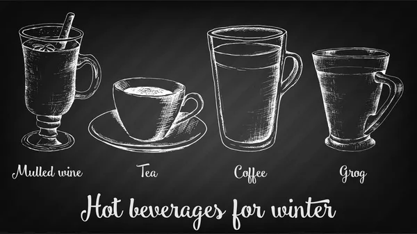 Hot beverages for winter vector set. Chalkboard style illustration — Stock Vector