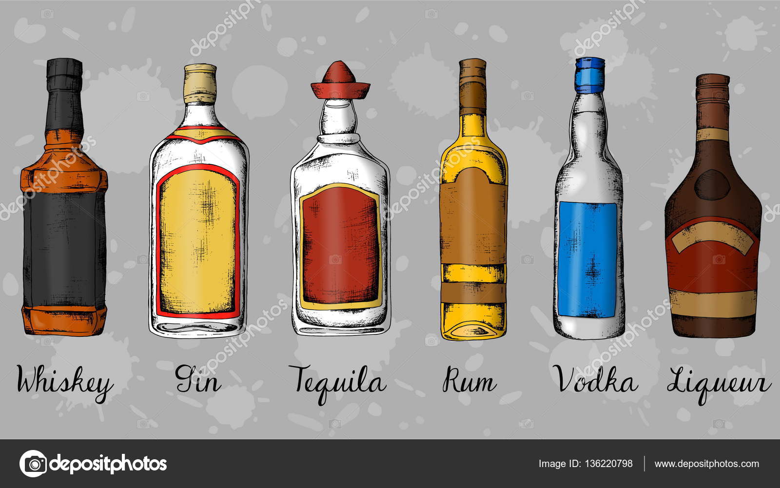 Alcohol set whiskey, gin, tequila, rum, vodka, liqueur. Sketch style