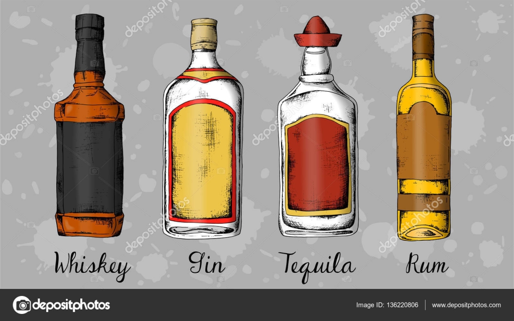 Alcohol set whiskey, gin, tequila, rum. Sketch style vintage
