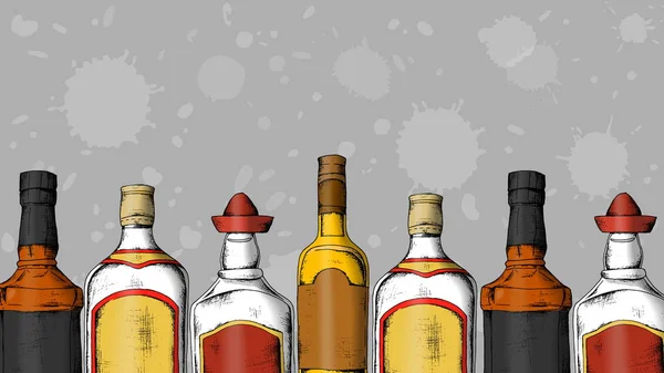 Set de alcohol: whisky, ginebra, tequila, ron. Estilo de boceto ilustración vintage . — Archivo Imágenes Vectoriales