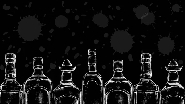 Alkol kümesi: viski, cin, tekila, ROM. Kara tahta tarzı vintage illüstrasyon. — Stok Vektör