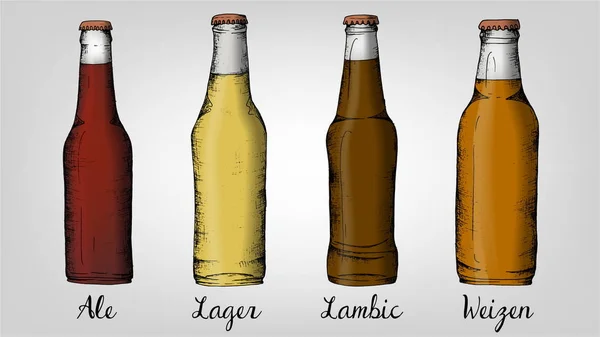 Ilustração vetorial com tipos de estilo retrô de cerveja: ale, lager, lambic, weizen —  Vetores de Stock