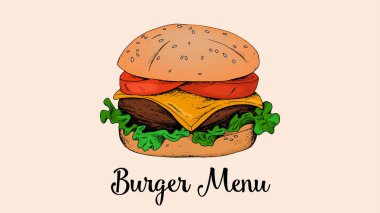 Burger Menu.Vector bir burger retro kroki tarzı Illustration. Burger house.