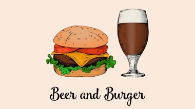 Vektör çizim bir hamburger ve bira retro tarzı kroki. Burger house menü.