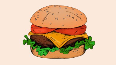 Bir burger retro kroki stil vektör Illustration. Burger house.