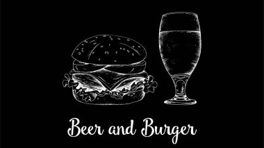 Bir hamburger ve bira retro kara tahta stil vektör Illustration. Burger house menü.