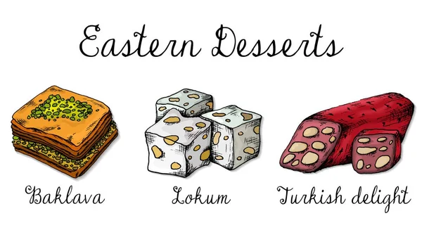 Illustration vectorielle du style croquis des desserts orientaux — Image vectorielle