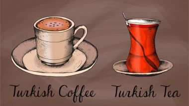 Türk kahvesi ve çay bardak vektör çizim kroki tarzı