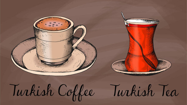 Векторная иллюстрация стиля эскиза турецкого кофе и чашек чая
