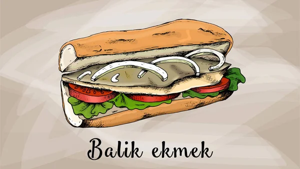 Vector Illustration Balik Ekmek Turkish Dish Sketch Style - Stok Vektor