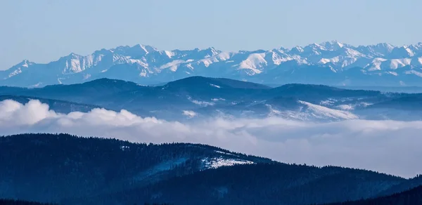 Высокие Татры горный хребет со многими вершинами от Лысы гора холм в Моравскослезские Бескиды гор в Чешской Республике в зимний период — стоковое фото