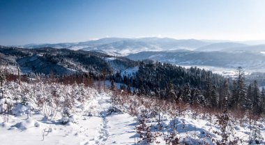 kış günü açık gökyüzü ile sırasında Polonya Beskid Slaski dağlarda Ganczorka Tepesi'nden Beskid Zywiecki Sıradağları görüntülemek