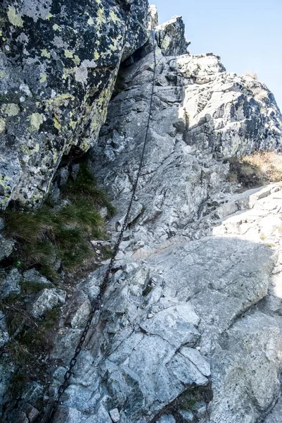 difficult hiking trail on rocks secured by chain goes to Banikov peak in Western Tatras mountains in Slovakia
